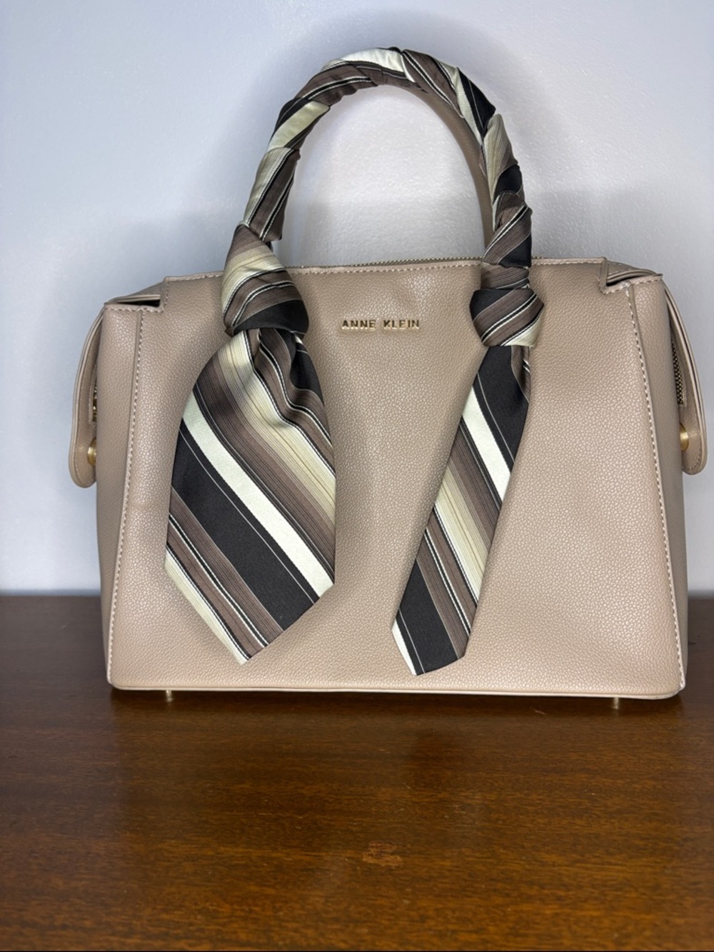 Anne Klein Beige Satchel with Striped Tie Wrap
